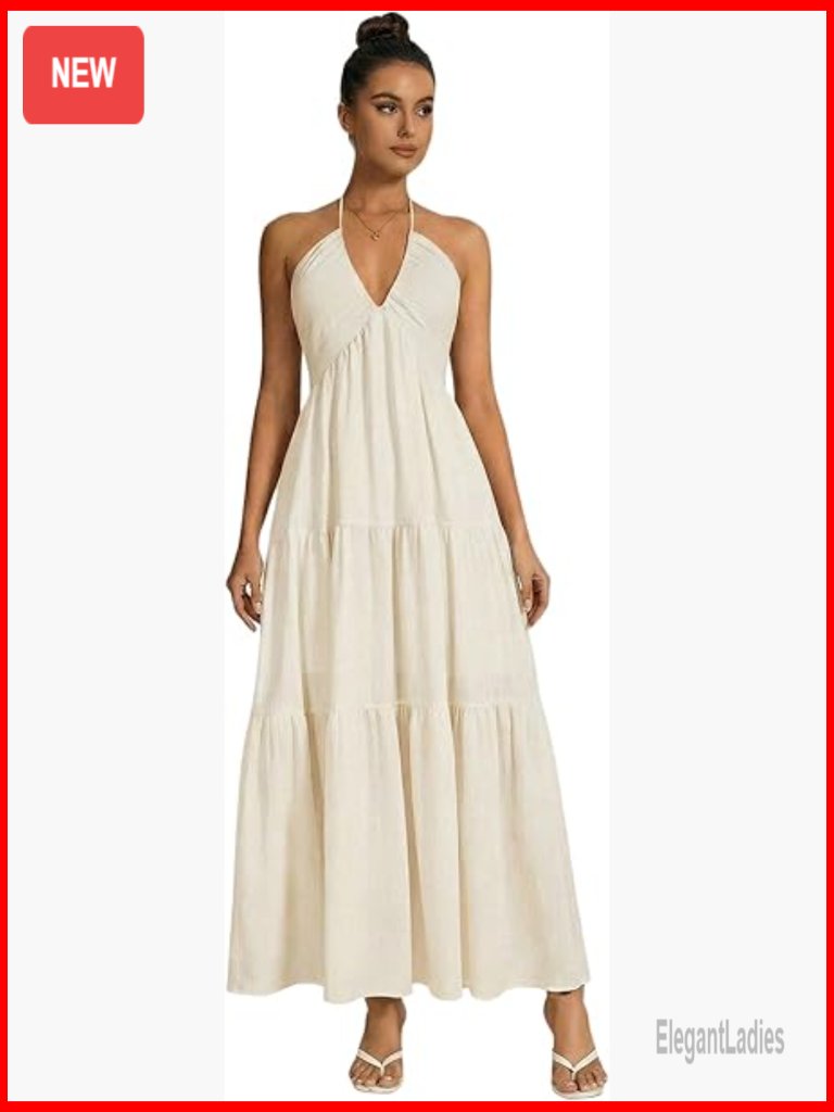 Backless Halter Maxi Dress V-Neck Sleeveless Beach Wedding Guest